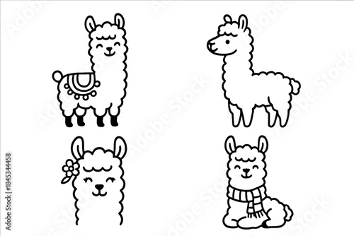 Four cute doodle llamas and alpacas in various poses