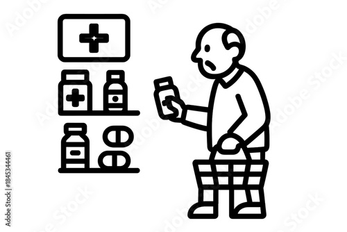 Older adult selecting pharmaceutical products from display shelves in a modern drugstore