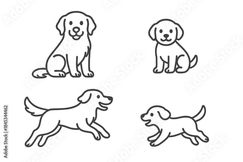 Set of happy dog and puppy line art icons in sitting and running poses