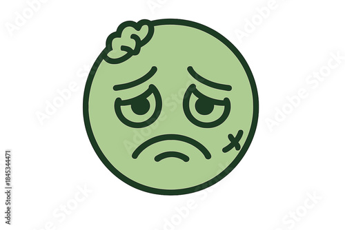 Sad green zombie face emoticon with exposed brain and stitched mouth detail