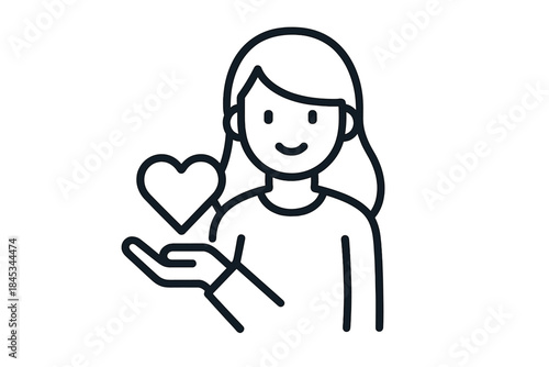 Smiling woman holding heart icon in open hand