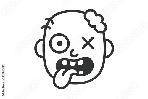 Cartoon zombie head icon with exposed brain and crossed-out eye