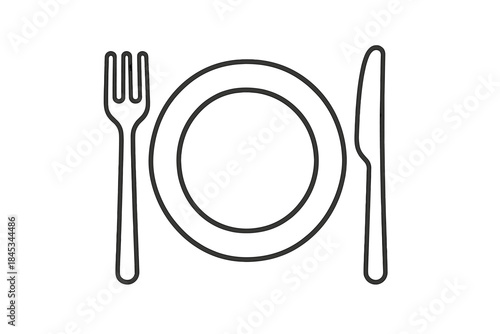 Simple outline icon of dining plate fork and knife setting