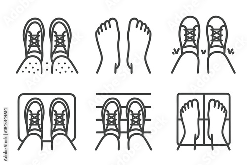 Collection of icons representing human feet standing on floor scale and ground