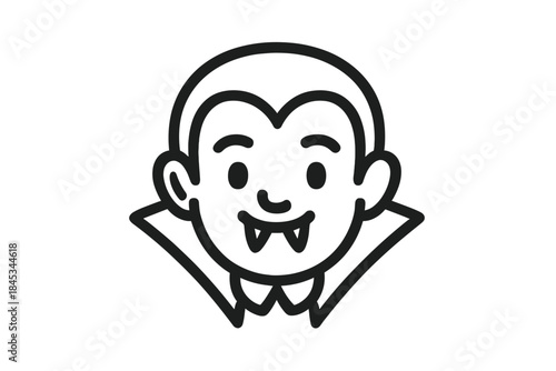 Cheerful cartoon vampire head with prominent fangs and high collar