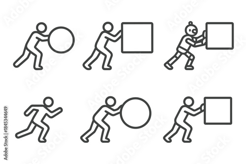 Stick figure pushing sphere and cube icons set for effort and movement