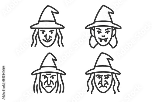 Four stylized witch faces icons with pointed hats for magic themes