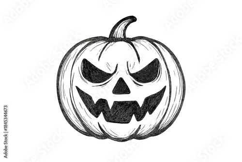 Menacing carved pumpkin face hand drawn monochrome sketch style