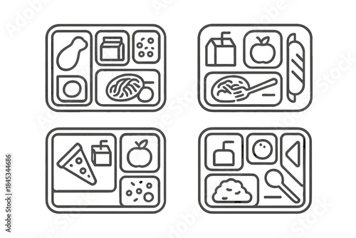 Four cafeteria lunch tray icons showing different meal combinations