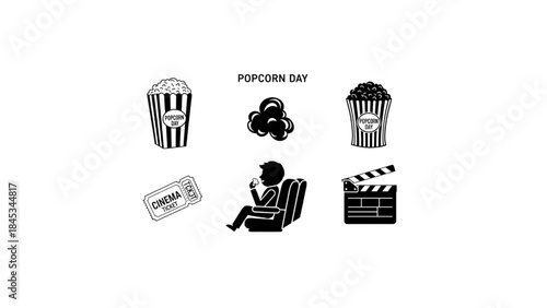 popcorn day cinema line art icon set on  transparent background