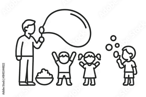 Family blowing and watching soap bubbles during outdoor playtime activity