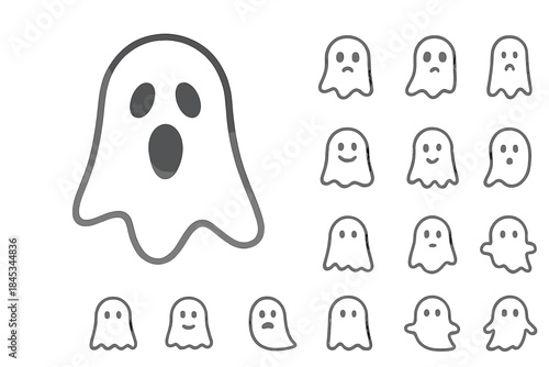 Collection of cute and spooky ghost icons with various facial expressions