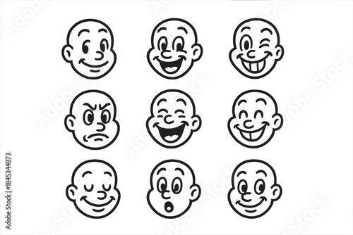 Nine cartoon bald male faces showing various emotions and expressions