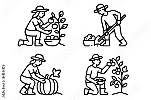 Four simple line icons illustrating farming and harvesting activities