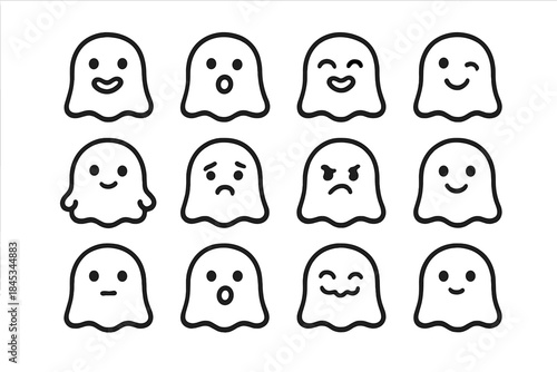 Twelve cute ghost emoticons showing various facial expressions