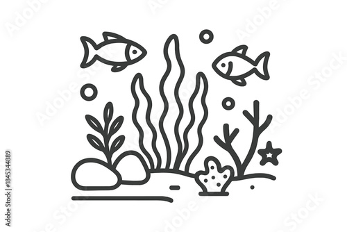 Outline drawing of two fish swimming above underwater plants and rocks