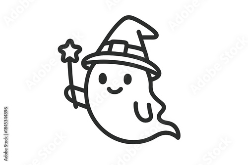 Cute cartoon ghost wearing wizard hat and holding magic wand
