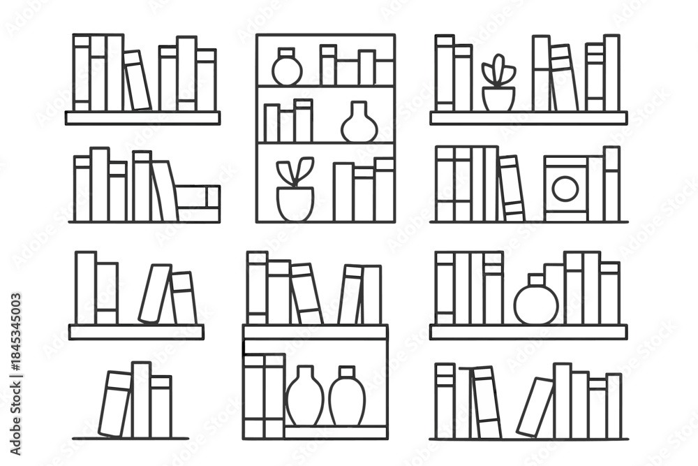 Fototapeta premium Outline icons showing various bookshelves and arrangements of books