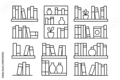 Outline icons showing various bookshelves and arrangements of books
