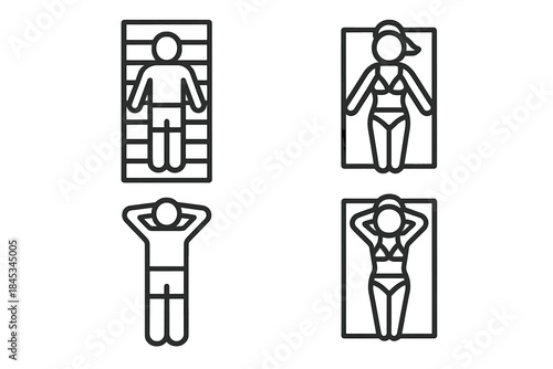Set of sunbathing figures relaxing on beach towels from above