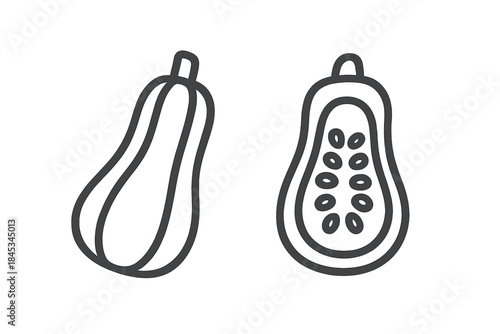 Butternut squash whole and halved outline icons set