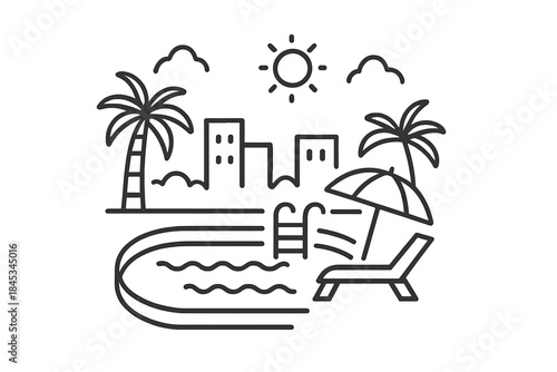 Tropical resort swimming pool with palm trees and distant city skyline