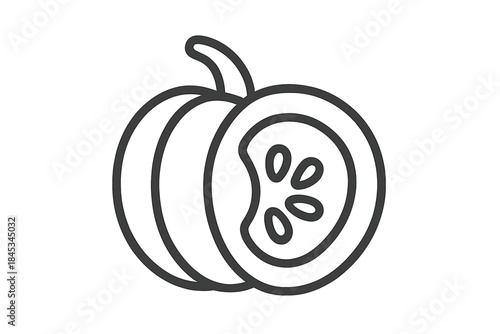 Outline icon of a pumpkin half slice showing seeds and stem detail