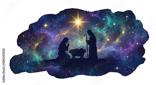 PNG cut out isolated background. A silhouette illustration of the Nativity scene featuring Mary, Joseph, and Baby Jesus in a manger, set against a watercolor texture galaxy background.