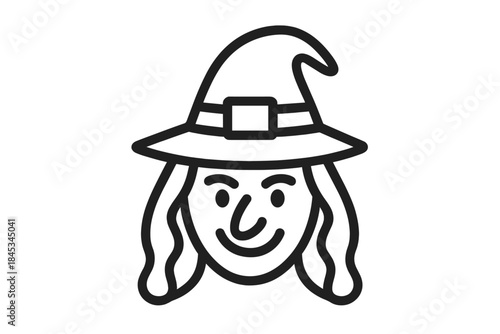 Minimalist outline icon of a smiling witch face wearing a pointed hat