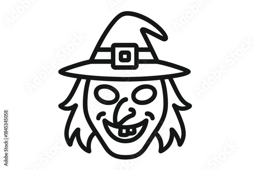 Cartoon witch face icon with pointed hat and crooked smile
