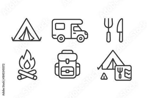 Outline icons set for camping and outdoor recreation equipment