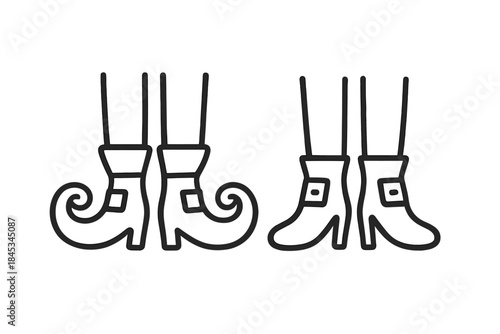 Line icon set of elf and leprechaun stylized footwear