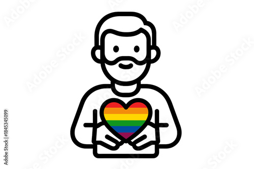 Bearded man holding rainbow pride heart symbol