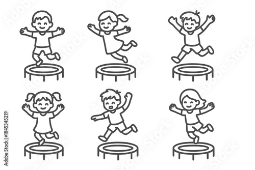 Six happy children jumping high on individual trampolines in outline style