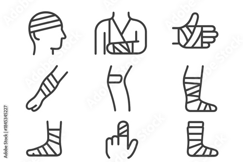 Collection of orthopedic injury icons showing bandages and casts on body parts
