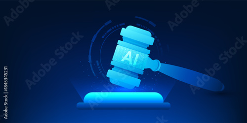 AI Technology Justice Concept, Artificial Intelligence Supporting Fair Court Decision, Smart Law System Without Human Bias, justice hammer with AI chip,Judicial Technology, Future Law