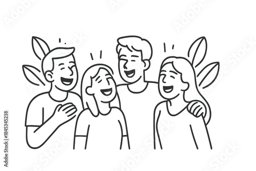 Happy friends laughing together with arms around shoulders