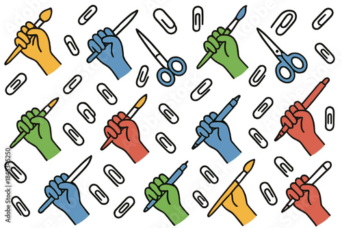 Repeating pattern of hands holding various art and craft supplies