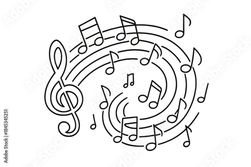 Swirling musical notes and treble clef outline graphic element