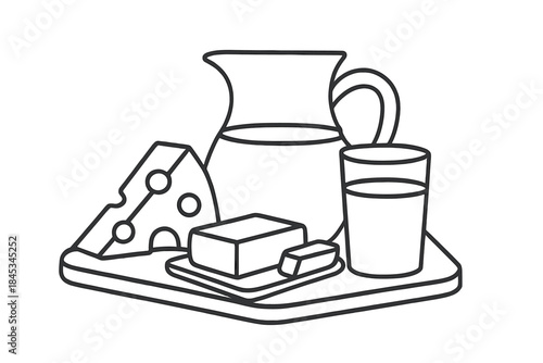 Assortment of dairy products line art featuring cheese, milk, and butter