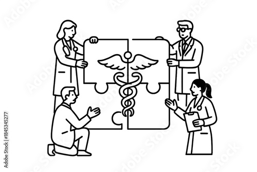 Medical professionals assembling puzzle pieces forming a caduceus symbol
