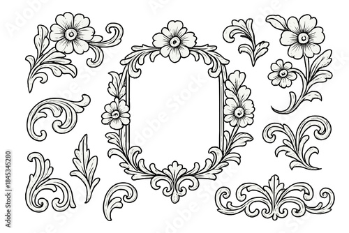 Black and white baroque floral frame and scrollwork elements collection