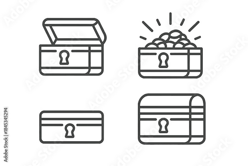 Four simple line icons depicting treasure chests in various states