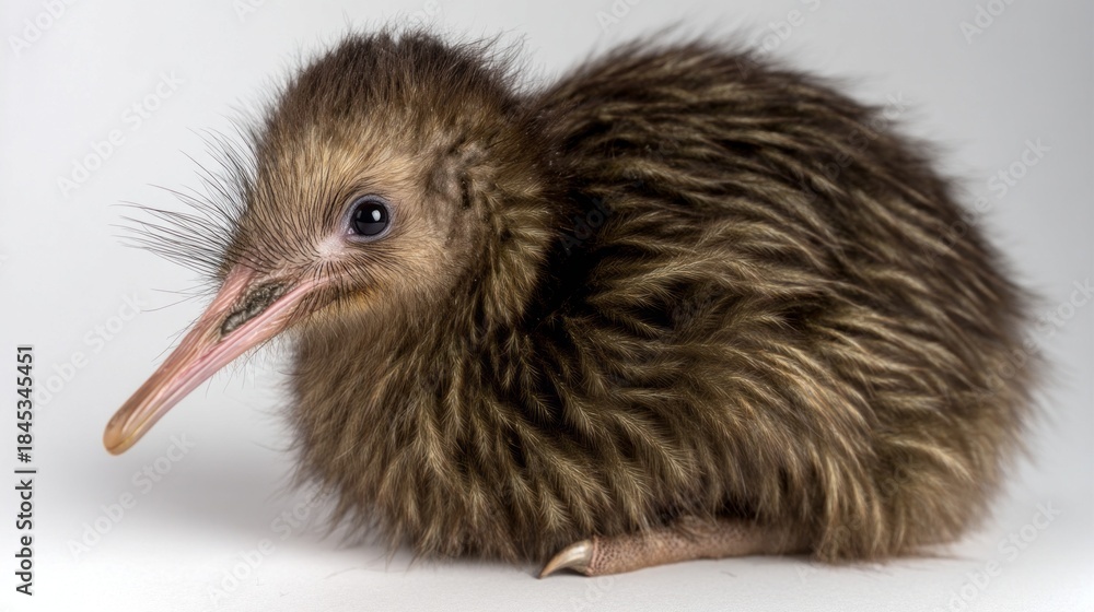 Fototapeta premium A young North Island brown kiwi chick sits comfortably in a safe space, showcasing its delicate features and fluffy plumage. This small wonder is at an adorable stage of growth
