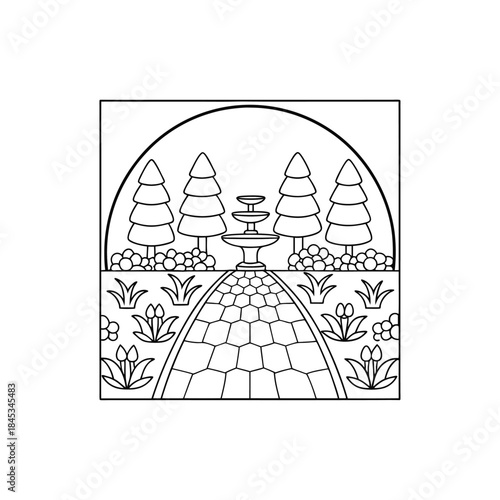 Garden Fountain with Trees and Flowers Coloring Page