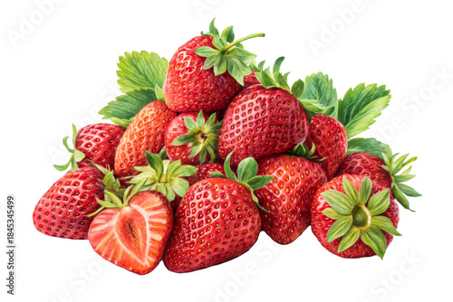Ripe red strawberries with green leaves, a juicy fruit assortment perfect for healthy eating, summer recipes, and vibrant food presentations.