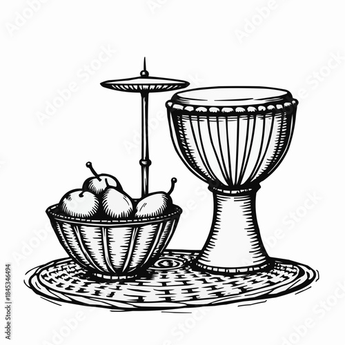 Sketchy doodle style featuring bold black outline of kinara and bowl  