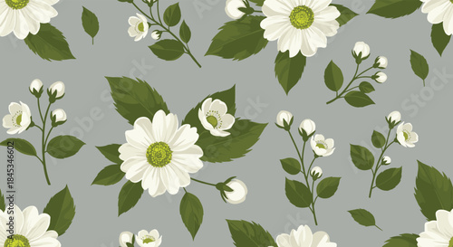 Floral pattern featuring white daisies with bright green centers and lush green leaves arranged on a muted gray background for decorative textile use.