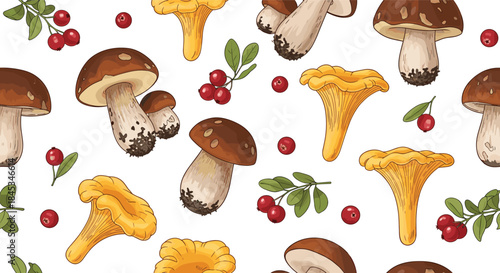 Bright botanical pattern featuring brown mushrooms orange chanterelle mushrooms red berries and green leaves for textile wallpaper and design inspiration.