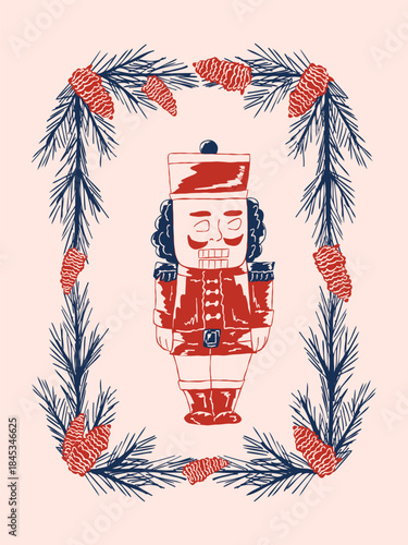Whimsical vintage Christmas card with a nutcracker in delicate coquette style and festive colors. Hand drawn illustration for greeting cards, invitations, holiday design, posters